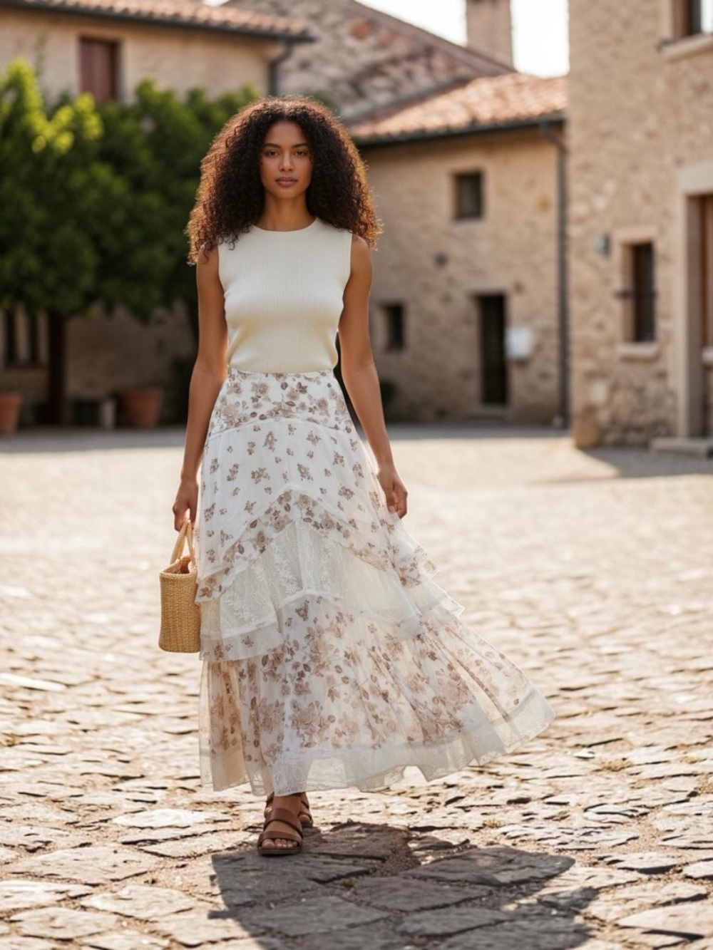 Altar'd State Cream Maxi Skirt with Soft tan Floral Print
